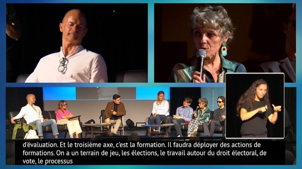 Jérmie Boroy et Stéphanie Rabiller lors de la table ronde de la “Conférence des territoires” du Conseil national consultatif des personnes handicapées, le 13 octobre 2025 au CaféMusic de Mont-de-Marsan, présentant la chaire ADITUS (capture d'écran YouTube Département des Landes).